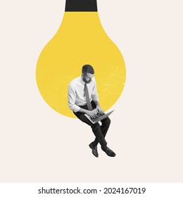 Online education, remote work. Young man manager or clerk using laptop isolated on light background. Contemporary art collage. Inspiration, idea, trendy. Concept of professional occupation, business - Shutterstock ID 2024167019