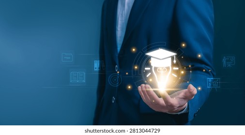 online education, representing e-learning. digital book icons, webinar, training course, and modern knowledge management solutions. library systems, e learn platform, cloud document storage.