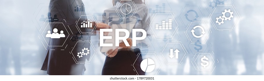 Online ERP System Concept On Abstract Business Mixed Media Background.