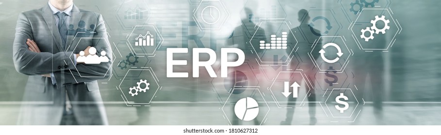 Online ERP system concept on abstract business mixed media background.