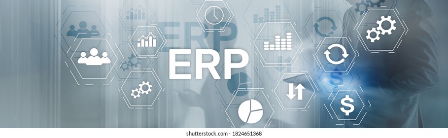 Online ERP System Concept On Abstract Business Mixed Media Background.