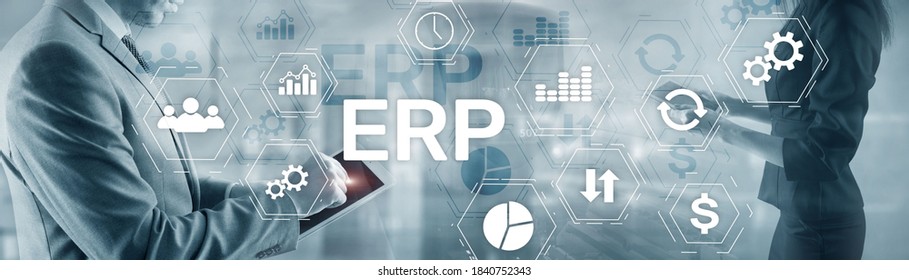 Online ERP system concept on abstract business mixed media background.