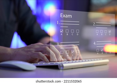 online exam concept, choose correct answer in test. checklist and online testing on laptop. online exam test with laptop. on-line questionnaire results on desktop. quiz.	 - Shutterstock ID 2211532065