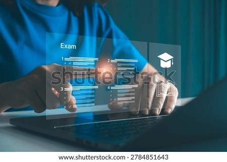 Online exam, e-learning and digital education concept. Student using laptop and virtual test interface, representing remote learning, online assessment, academic technology and modern education.