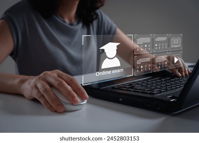 Online exam, E-learning, education concept. Choose correct answer in test. checklist and online testing on laptop. Filling out an online survey form and on-line questionnaire results on desktop. Quiz.