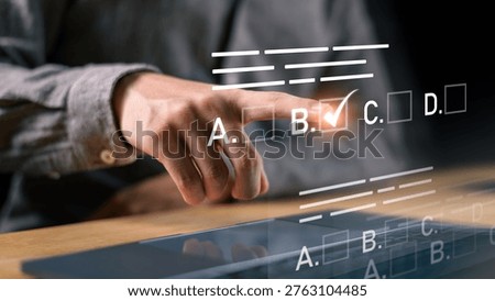 Online exam interface concept with digital answer selection, interactive checklist system, and knowledge evaluation process. Ideal for e learning platforms, efficient academic assessment solutions.