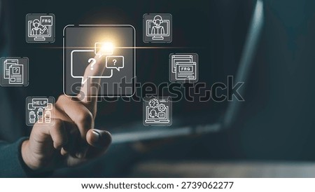 Online FAQ interface with support icons and knowledge base elements on virtual screen, Digital customer service, help center navigation, and real-time communication solutions.
