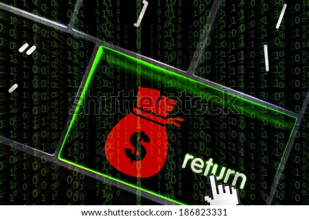 Online financial hacking concept with focus on the return button overlaid with binary code
