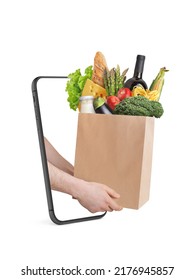 Online Food Delivery Concept. Hands With A Package Of Groceries In The Phone