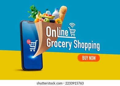 Online grocery app on smartphone and full grocery bag coming out of the smartphone screen, online grocery shopping concept