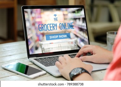Online Grocery Order, Hands Typing Laptop Computer With Grocery Shopping Online On Screen Background, E Commerce, Business And Technology, Lifestyle Concept