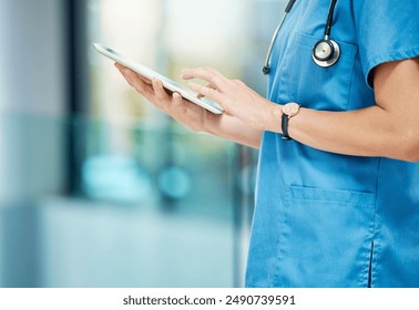 Online, hands and nurse with tablet, clinic and typing for report and diagnosis for person. Wellness, healthcare and medical research for woman and prepare for telehealth in hospital and digital - Powered by Shutterstock