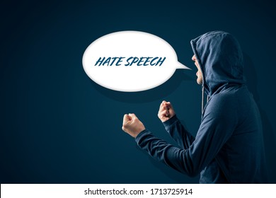 Online Hate Speech Problem Concept. Person With Aggressive Expression And Gesture And Comix Bubble With Text Hate Speech.