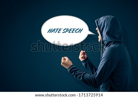 Online hate speech problem concept. Person with aggressive expression and gesture and comix bubble with text hate speech.