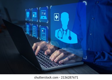 Online Heath Care And Medical Doctor Consultation For Remote Diagnosis, Digital Prescription And Therapy With Internet And Computer. Patient Using Laptop At Home.