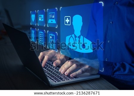 Online heath care and medical doctor consultation for remote diagnosis, digital prescription and therapy with internet and computer. Patient using laptop at home.