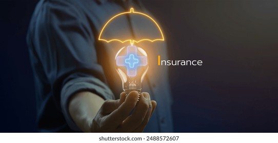 Online insurance and assurance concept for medical, health, life, family, car, home, travel and financial insurance. Businessman showing glowing neon line of insurance icon on virtual screen.