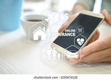 Online insurance on virtual screen. Life, car, property, health and family. Internet and digital technology concept. - Shutterstock ID 1050476528