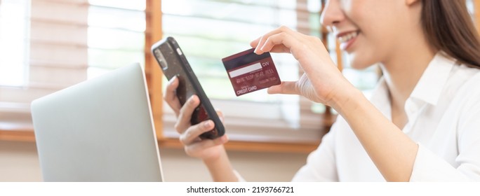 Online Internet Banking, Asian Young Woman Hand In Payment Spending By Scan Qr Code, Use Phone, Mobile To Transfer Money Or Pay Money Of Credit Card Without Cash At Home. Technology Of Financial.