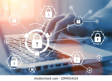 Online Internet Secure Payment And Network Safe Communication And Banking Concept. Person Pay In Web Via Computer. Locks And Padlocks On Diagram.