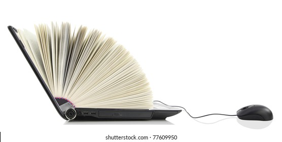 Online learn library. Laptop as a Book connected to a computer mouse. 