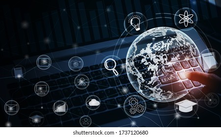 Online learning concept - Finger press on computer keyboard and screen with education icon and internet or technology connection lines in blue tone                             - Shutterstock ID 1737120680