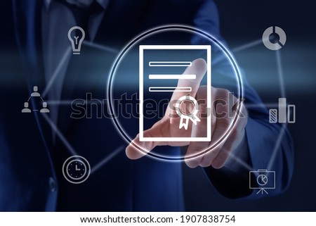 Online learning concept. Man touching diploma illustration on virtual screen, closeup