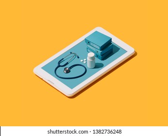 Online Medical App On A Smartphone: Doctor Healthcare Equipment And Prescription Medicine On A Touch Screen Smartphone