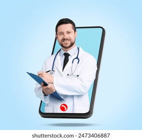 Online medical consultation. Doctor with clipboard on smartphone screen against light blue background - Powered by Shutterstock