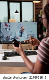 Online Medical Consultation With Doctor, Telemedicine, Live Chat With Therapist On Computer. Patient Talking With General Practitioner, Holding Pills Bottle, Medicament Prescription Discussion