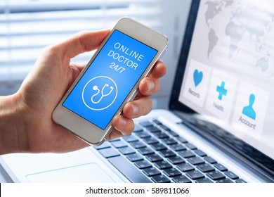Online medical doctor and health care app on mobile phone concept with person showing smartphone screen, remote diagnosis or consultation