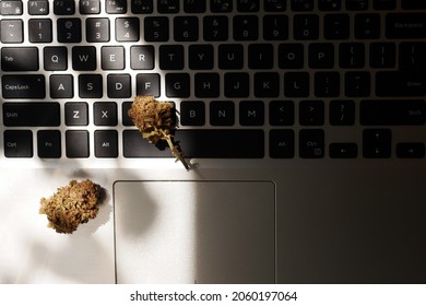 Online Medical Marijuana Shop. Cannabis Buds Lay On Laptop Keyboard. Internet CBD Purchase Concept