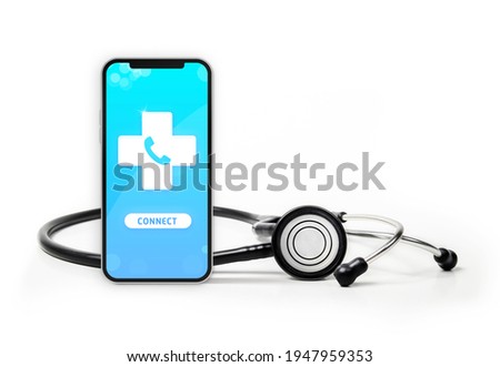 Online medical service or telemedicine concept. Smartphone with connect screen and stethoscope. Used for call or video conference between patient and doctor or medical practitioner. Isolated on white.