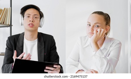 Online Meeting. Boring Interview. Virtual Briefing. Professional Telecommuting. Screenshot Of Tired Diverse Business Partners At Digital Office.