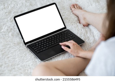 Online Meeting. Casual Woman. Computer Mockup. Unrecognizable Lady Scrolling Laptop With Blank Screen Sitting Fluffy Bed Cover In Light Room Interior.