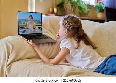 Online Meeting Of Preteen Girl With Mentor, Child Psychologist At Home On Couch