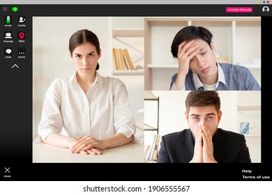 Online Meeting. Web Conference. Corporate Telework. Group Videocall. Dissatisfied Female Leader Angry At Tired Stressed Out Male Team Missing Project Deadline At Digital Office On Screen.