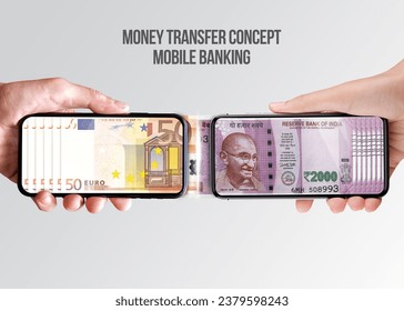 Online money transfer concept Euro to India Currency mobile banking