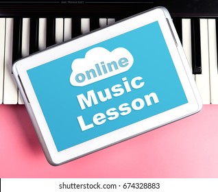 Online Music Lesson On Tablet Screen With Music Keyboard