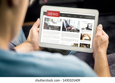 Online news article on tablet screen. Electronic newspaper or magazine. Latest daily press and media. Mockup of digital portal and website. Happy person using web service in the morning. Reading text. - Shutterstock ID 1430101409