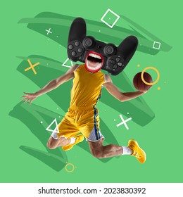 Online and offline games. Male basketball player headed with game console joystick on green background Concept of online communication, leisure, games - Powered by Shutterstock