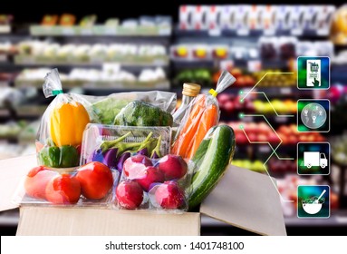 Online Order Grocery Shopping Concept. Food Delivery Ingredients Service At Home For Cooking With Packages Box And Icon Media On Supermarket Background For Lifestyle In City.