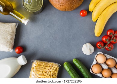 Online Order Of Nutrition. Food Delivery. Contactless Internet Order Of Goods From The Store. Set Of Grocery Items On White Background. Takeaway Products. Flat Lay, Copy Space, Gray Background.