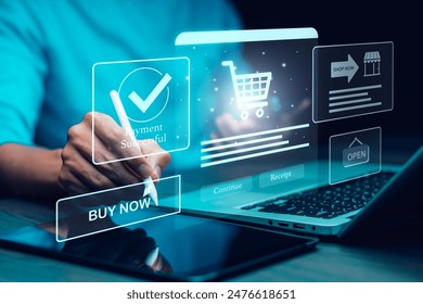 Online payment with digital marketing, Businessman touch banking online bill payment Approved concept button, credit card and network connection icon on business technology virtual screen background