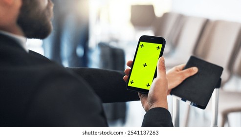 Online, payment and man with phone green screen, banking mockup or travel budget for flight booking. Tracking marker, wallet or businessman at airport on mobile app for exchange rate on business trip - Powered by Shutterstock