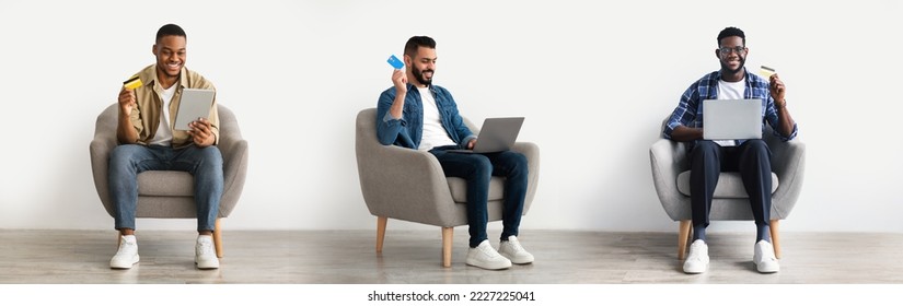 Online Payments. Different Men With Laptops And Digital Tablet Making Internet Shopping While Relaxing In Modern Armchair At Home, Collage With Multiethnic Males Enjoying E-Commerce, Panorama - Shutterstock ID 2227225041