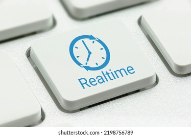 Online payroll payment services and online vendor payment, business concept : Clock logo with the word REALTIME printed on a computer keyboard button, depicting an instant money transfer to a receiver - Shutterstock ID 2198756789