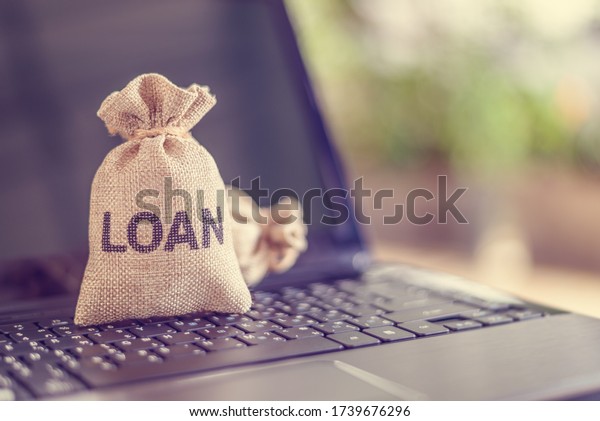 Online personal loan, financial concept : Loan\
bags on a laptop, depicting peer-to-peer lending, the practice of\
lending money to individual or business via online service among\
lenders and borrowers