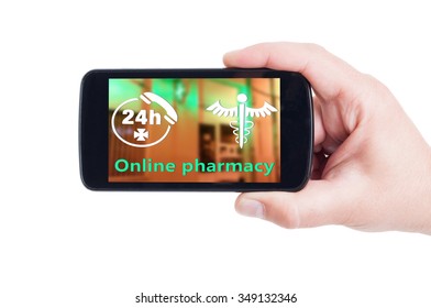 Online Pharmacy Concept On Smartphone Display Or Cellphone Screen With 24h Phone Assistance