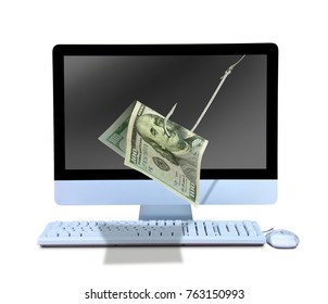 Online Phishing Metaphor Represented With One Hundred Dollar Bill Money On Fish Hook Coming Out Of Computer To Catch You In A Fake  Or Misleading Offer Or Cash Making Scheme Seeking Personal Info.